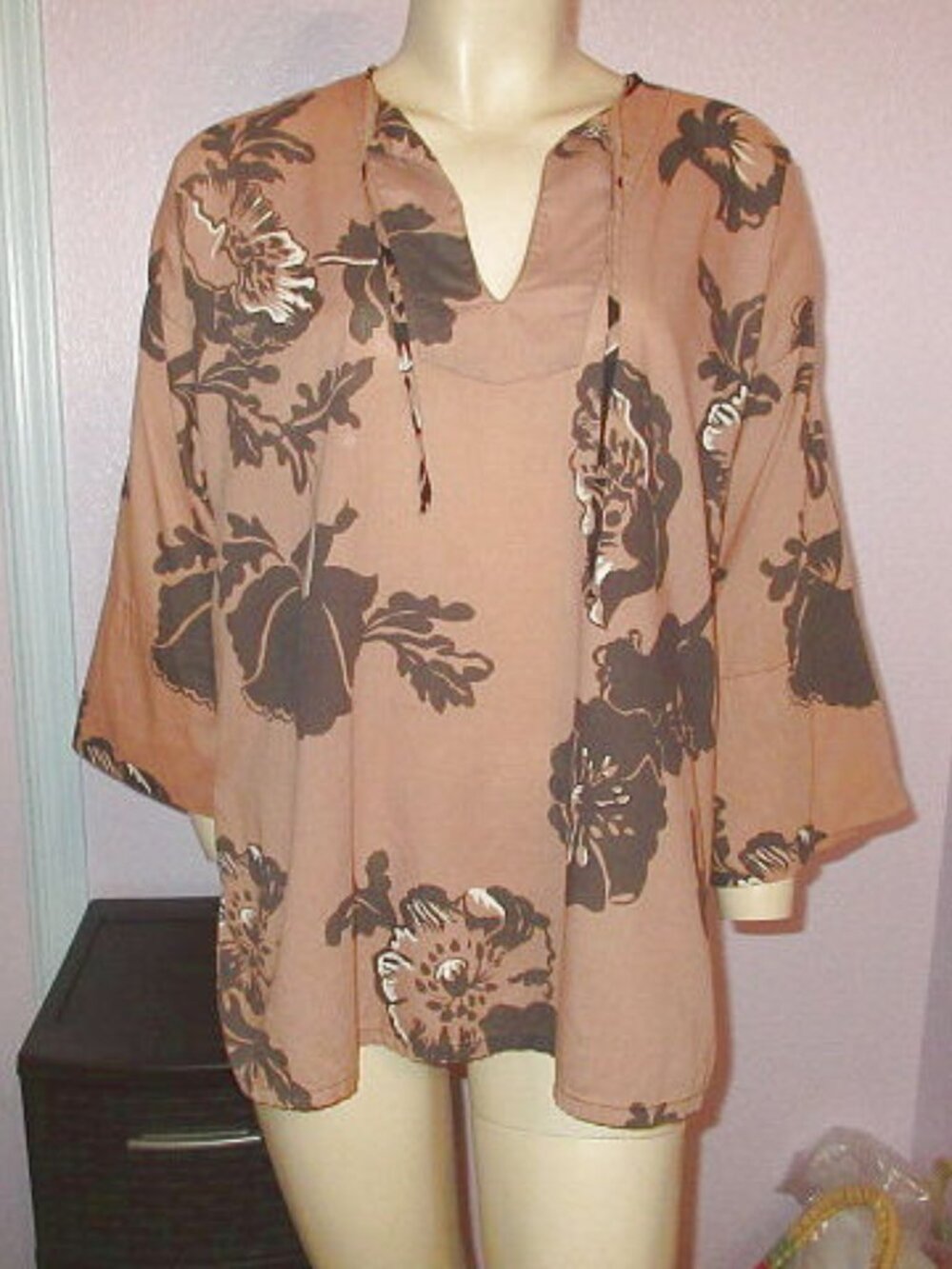 Vtg 70s Frankie Welch Floral Blouse Top Womens L Tunic Neutral Peasant Boho USA